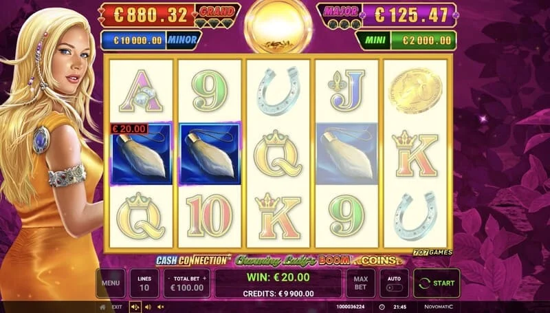 Cash Connection - Charming Lady's Boom Coins - écran de base avec un gain de ligne